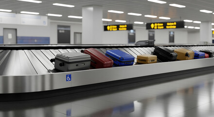 Suitcases on Airport Baggage Claim Conveyor Belt with Handicap Symbol, Travel Concept