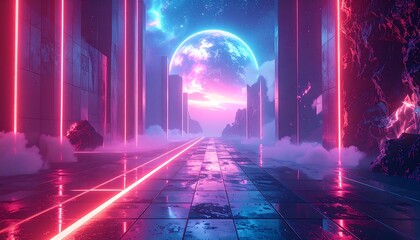 Neon corridor, futuristic landscape