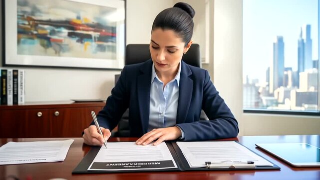 Professional businesswoman signing important documents at modern office desk with city skyline view, contract and agreement