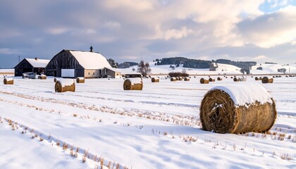 Snowy rural landscape with hay bales and farmhouses