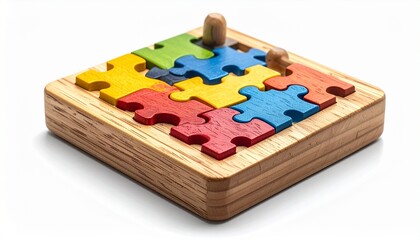 Wooden puzzle toy with colorful interlocking pieces children educational play item isolated on white background
