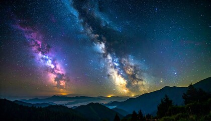 Milky Way arc over misty mountains
