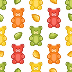 Fototapeta premium Gummy jelly bears, seamless pattern. Cute gum candies, sweet snacks, chewy confectionery, endless background, texture.