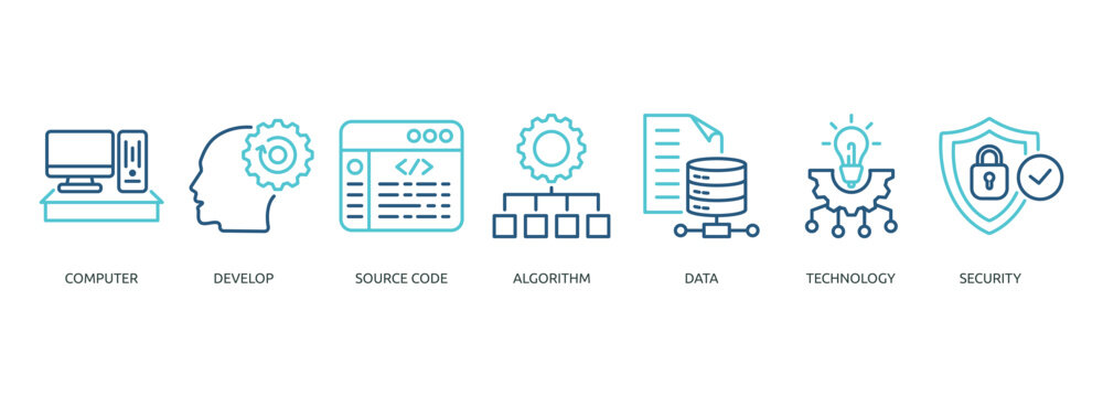 programming outline color banner icon of computer, develop, source code, algorithm, data, technology, security