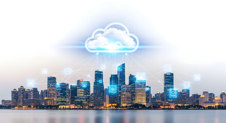 Cityscape cloud computing with glowing cityscape. futuristic skyline radiates innovation, promising efficiency and data connectivity