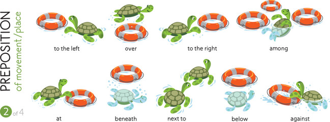 Preposition of place. Funny turtles cartoon set