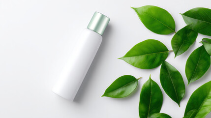 Skincare bottle white container green leaves natural beauty minimal design clean background cosmetic packaging herbal wellness freshness Calm mood skincare bottle, white container with green