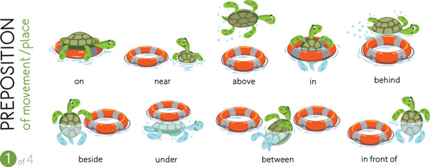 Preposition of place. Funny turtles cartoon set