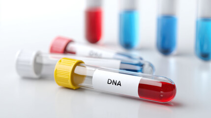 Laboratory test tube DNA label analysis science sample red white background research medical genetic biology clinical sterile plastic cap fluid liquid glass healthcare diagnostics biotechnology