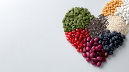 Heart shape made of pumpkin seed chickpea quinoa chia seed blueberry goji berry kidney bean grape white bean sesame seed, arranged light gray background with copy space for healthy diet inspiration