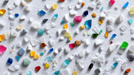 Microplastic plastic fragment colorful scattered white background texture closeup abstract Tiny colorful plastic fragment scattered white background, closeup texture with sharp detail and subtle