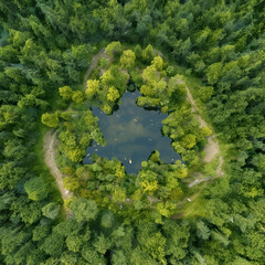 Naklejka premium A lake in the shape of a recycling sign in the middle of untouched nature. An ecological metaphor for ecological waste management and a sustainable and economical lifestyle. 3d rendering