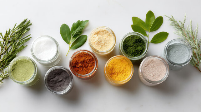Natural powder palette glass jar botanical extract herbal powder organic ingredient top view minimal layout white background flat lay plant leaf calm