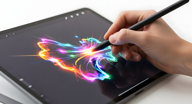 Hand is holding digital pen drawing colorful light effects on tablet screen, expressing creativity and artistic vision in digital art creation