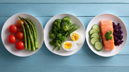 Fresh tomato asparagus broccoli green bean boiled egg salmon cucumber red cabbage parsley balanced meal healthy low carb protein vegetable lunch dinner plate blue wood overhead flat lay clean