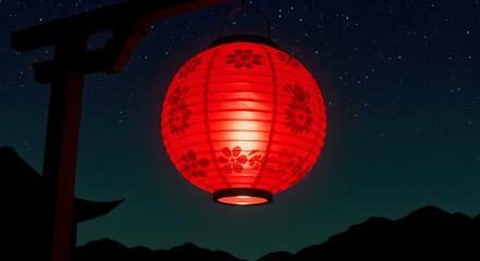 Lantern's Night Illumination: A vibrant red lantern illuminates the night, casting a warm glow against the backdrop of a starlit sky, evoking a sense of peace, and tradition.