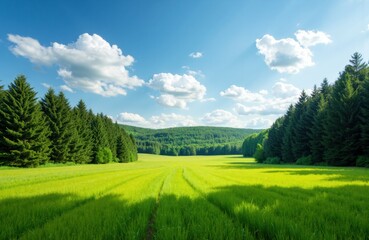 Obraz premium Lush green meadow stretches into the distance under a bright blue sky with fluffy white clouds