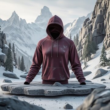 Maroon hoodie mockup is centrally placed on a flat rock formation with intricate textures,