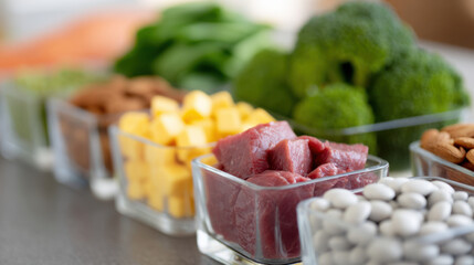Close up meal prep balanced nutrition fresh ingredient protein vegetable dairy legumes colorful healthy macro