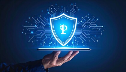 A hand holds a digital tablet projecting a glowing shield with a symbol against a circuit board backdrop, implying data protection