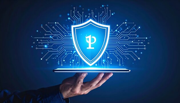 A hand holds a digital tablet projecting a glowing shield with a symbol against a circuit board backdrop, implying data protection