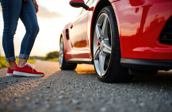 Woman standing next to a red sports car on an open road during sunset