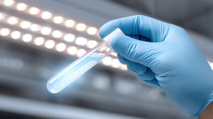Gloved hand holding test tube under sterile lab light clinical focus clean surface blue glove transparent vial science precision calm mood controlled environment closeup detail