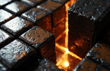 Molten metal glowing as it is poured into a mold with black bricks surrounding it