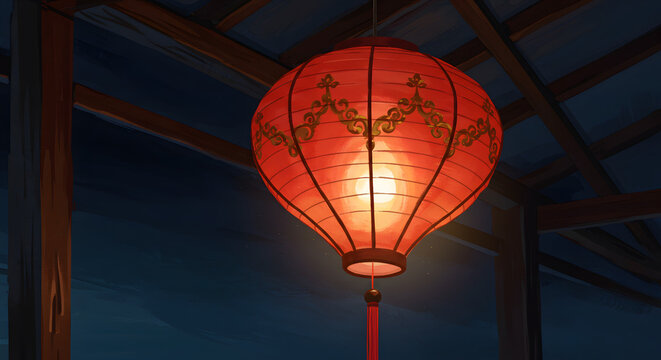 Illuminated lantern in the night: A close-up shot capturing the warm glow of a traditional red lantern hanging, its intricate patterns hinting at an enchanting cultural experience.