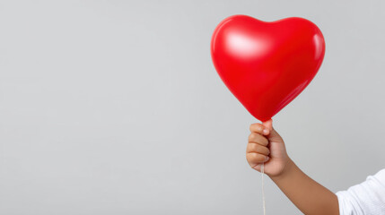 Heart balloon child hand red love celebration minimal grey background playful festive copy space