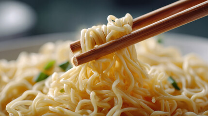 Steaming noodles chopsticks closeup Asian cuisine comfort food savory soft focus broth lunch dinner. Steaming noodles lifted by chopsticks closeup, warm and savory, soft focus depth and gentle