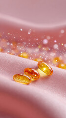 Vitamin capsule golden gel soft pink macro detail glossy surface skincare concept wellness beauty sparkle bokeh mood Gentle vitamin capsule golden gel soft pink macro detail glossy surface