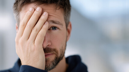 Pensive man covering face closeup portrait male adult hand on eye emotional expression introspective mood natural light soft focus candid moment indoor setting