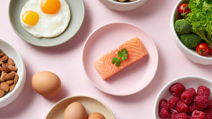 Sunny side egg salmon raspberry almond broccoli tomato lettuce egg breakfast protein