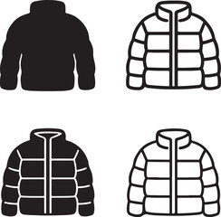 Isolated puffer jacket icons, black winter jacket vector, minimal coat silhouette, outline puffer symbol, warm clothing clipart, editable vector jacket icon set