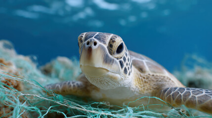 Sea turtle marine wildlife underwater plastic pollution tangled net ocean conservation debris aquatic endangered