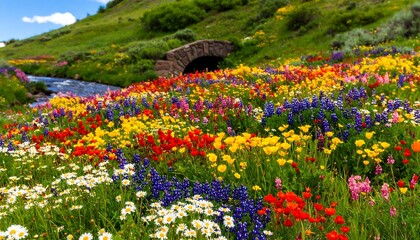 Vibrant wildflower meadow with a stone bridge over a stream