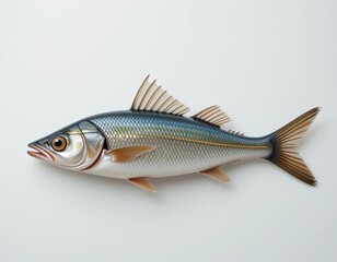 Fototapeta premium Sleek, silver fish with detailed scales swims gracefully against a clean white background.