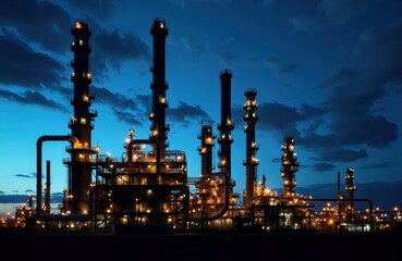 Industrial refinery with tall distillation columns illuminated against a dark evening sky