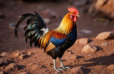 Colorful rooster standing on dirt ground with natural background