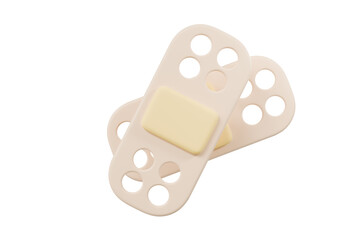 3d adhesive bandages icon. medical healthcare concept. Minimal cartoon beige band aid pair for first aid and wound care isolated on white background. 3d render.
