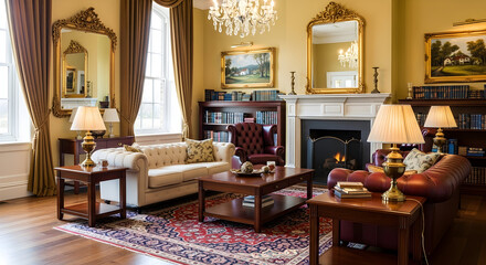 Elegant living room interior with classic furniture, fireplace, and sophisticated decor elements