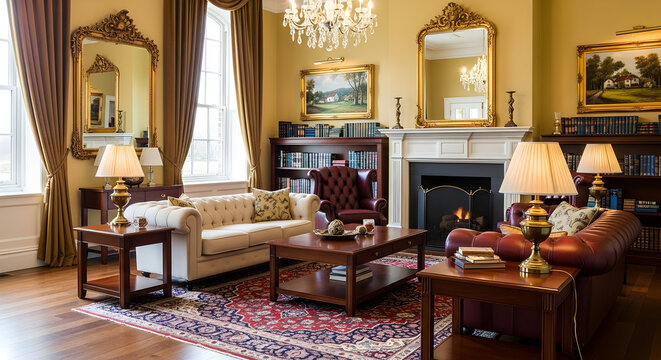 Elegant living room interior with classic furniture, fireplace, and sophisticated decor elements