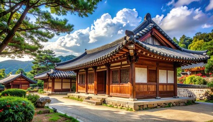 Fototapeta premium Picturesque traditional Korean architecture nestled within a serene garden setting, bathed in sunlight and featuring a vibrant sky filled with clouds.