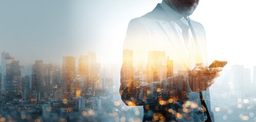 Businessman using smartphone with city skyline at sunset double exposure.