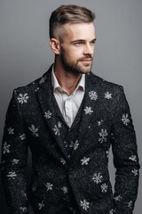 Obraz premium Man in festive blazer with subtle snowflake pattern on neutral grey background. Minimal portrait combines style and holiday charm.