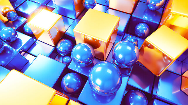 Abstract 3d geometric shapes and spheres in vibrant blue and yellow lighting background