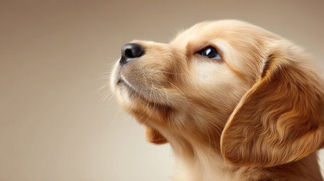 Adorable golden retriever puppy gazes upward with curious expression during indoor portrait session