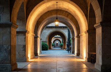 Obraz premium Arched stone corridor illuminated by warm lighting creating a historic architectural atmosphere