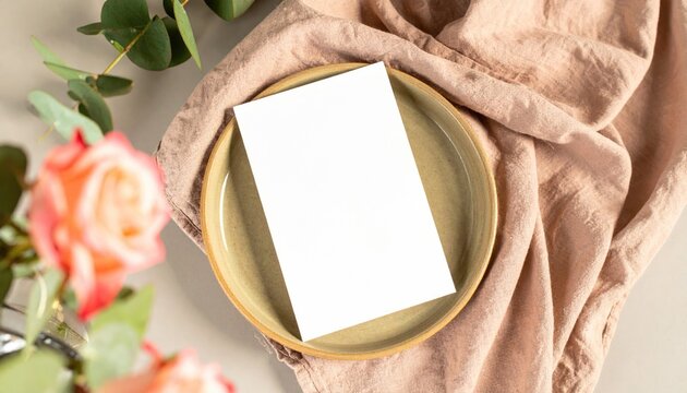 Blank Menu Card Mockup on Ceramic Plate with Linen